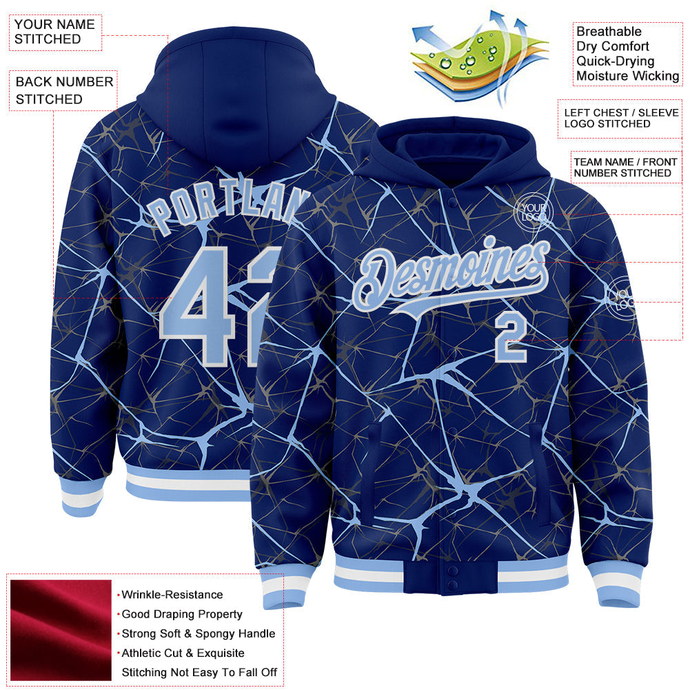 Custom Royal Light Blue-White Abstract Network 3D Pattern Design Bomber Full-Snap Varsity Letterman Hoodie Jacket view 4