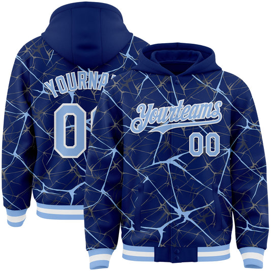 Custom Royal Light Blue-White Abstract Network 3D Pattern Design Bomber Full-Snap Varsity Letterman Hoodie Jacket - Main View