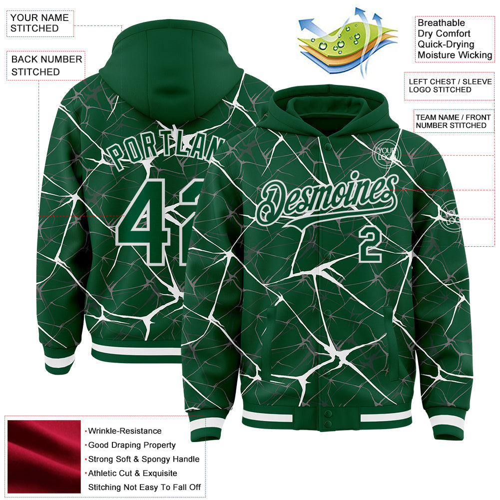 Custom Kelly Green White Abstract Network 3D Pattern Design Bomber Full-Snap Varsity Letterman Hoodie Jacket view 4