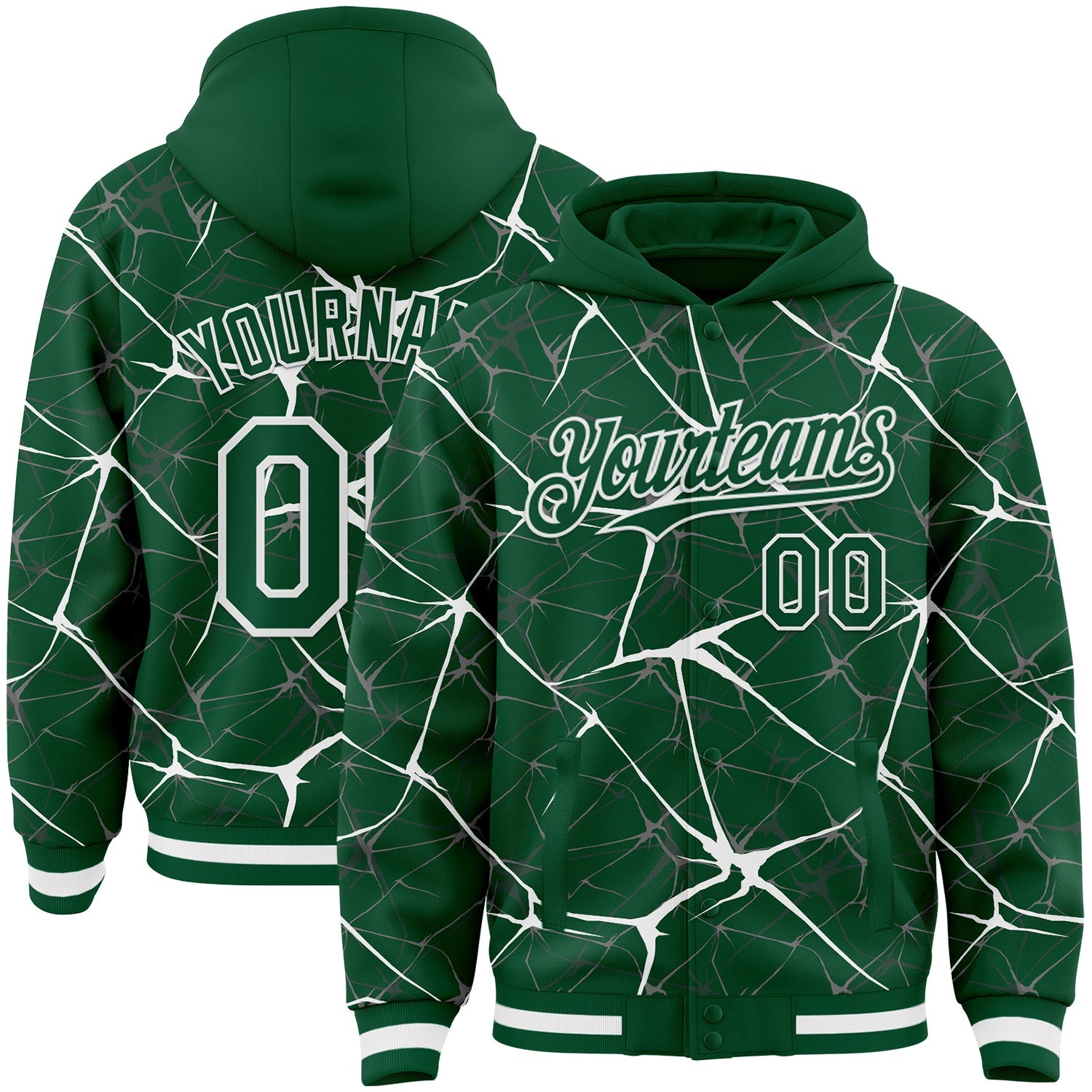 Custom Kelly Green White Abstract Network 3D Pattern Design Bomber Full-Snap Varsity Letterman Hoodie Jacket - Main View