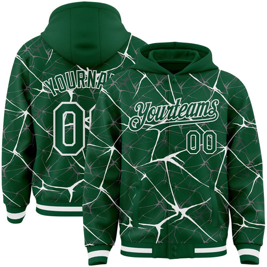 Custom Kelly Green White Abstract Network 3D Pattern Design Bomber Full-Snap Varsity Letterman Hoodie Jacket - Main View