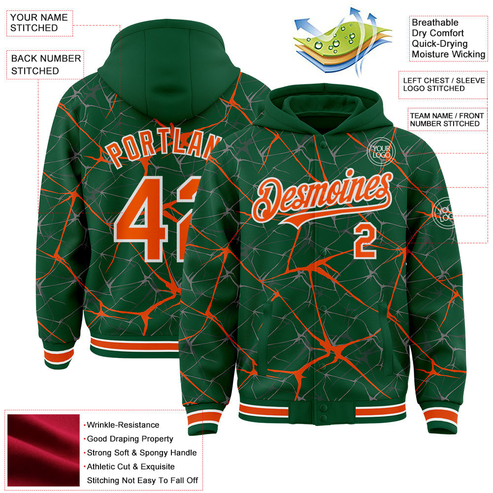 Custom Kelly Green Orange-White Abstract Network 3D Pattern Design Bomber Full-Snap Varsity Letterman Hoodie Jacket view 4