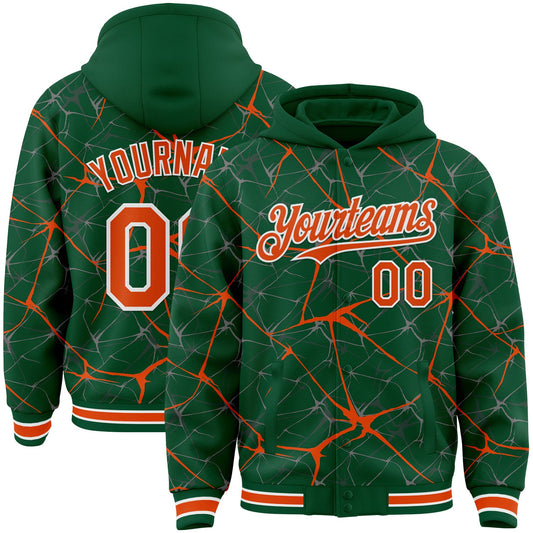 Custom Kelly Green Orange-White Abstract Network 3D Pattern Design Bomber Full-Snap Varsity Letterman Hoodie Jacket - Main View