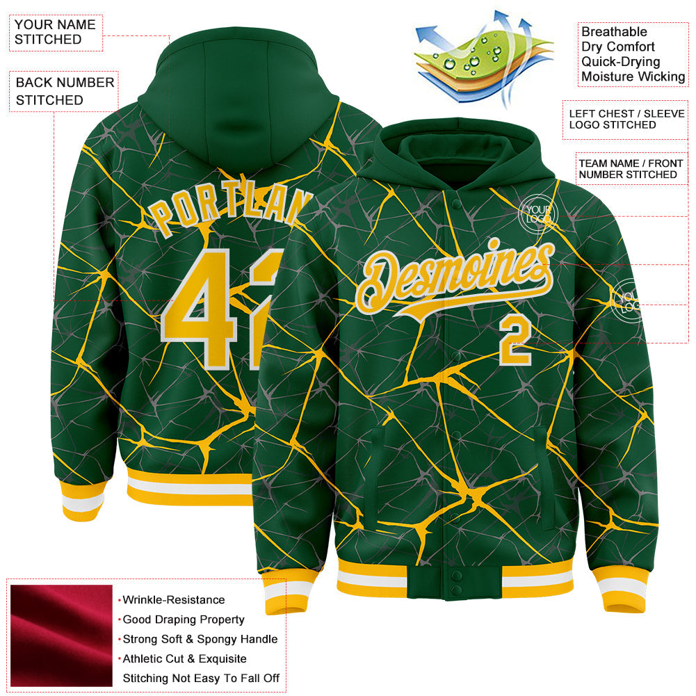 Custom Kelly Green Gold-White Abstract Network 3D Pattern Design Bomber Full-Snap Varsity Letterman Hoodie Jacket view 4