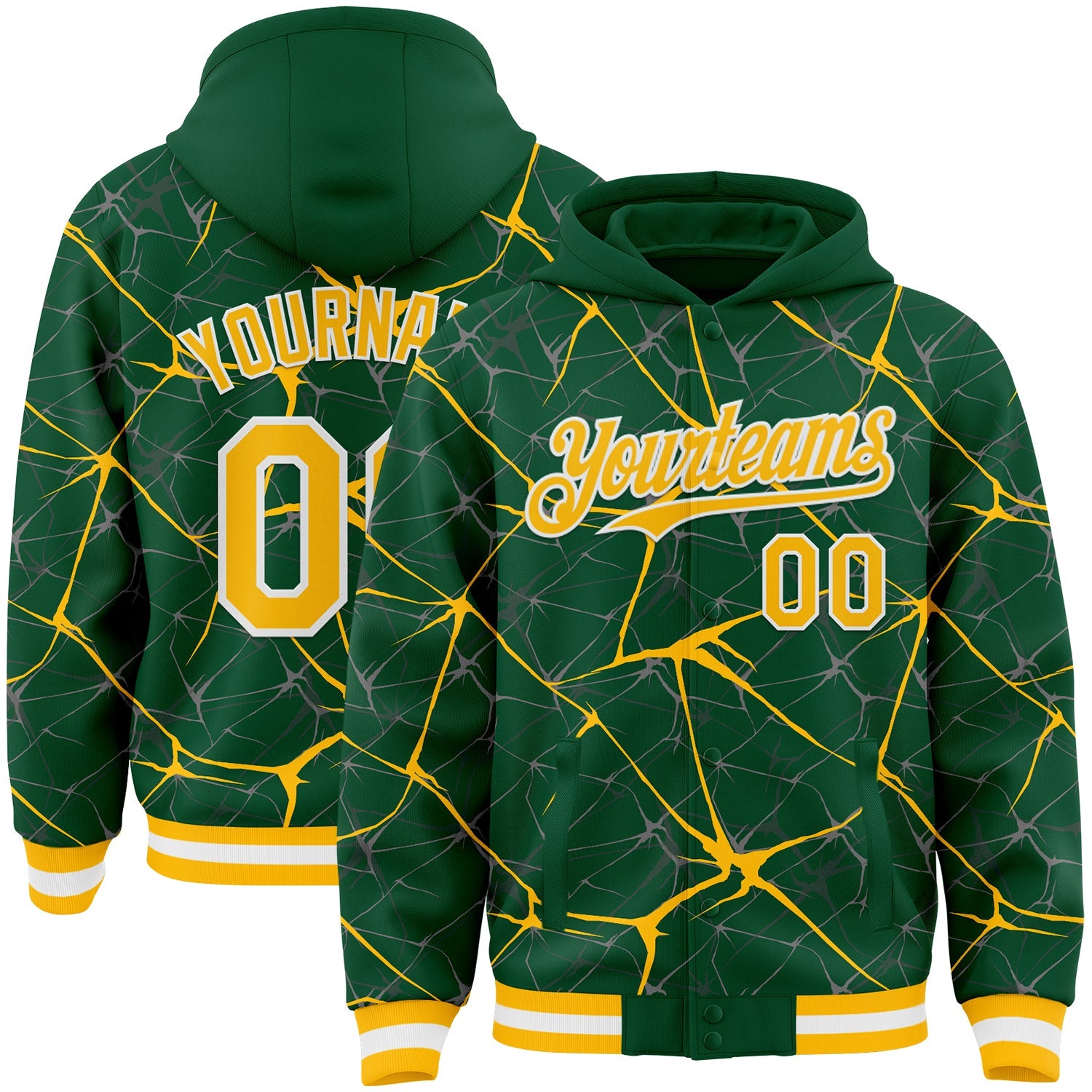 Custom Kelly Green Gold-White Abstract Network 3D Pattern Design Bomber Full-Snap Varsity Letterman Hoodie Jacket - Main View