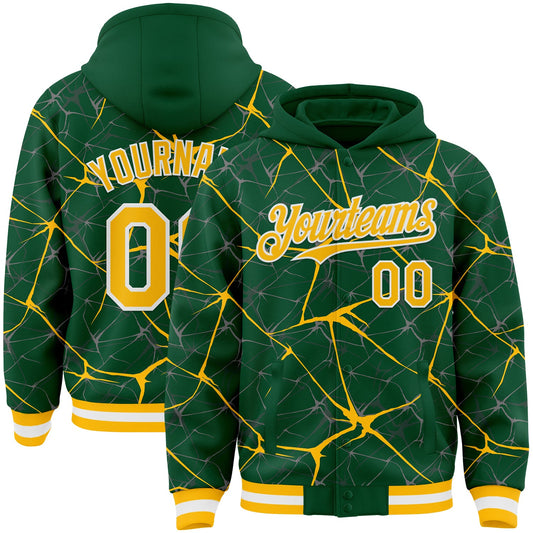 Custom Kelly Green Gold-White Abstract Network 3D Pattern Design Bomber Full-Snap Varsity Letterman Hoodie Jacket - Main View