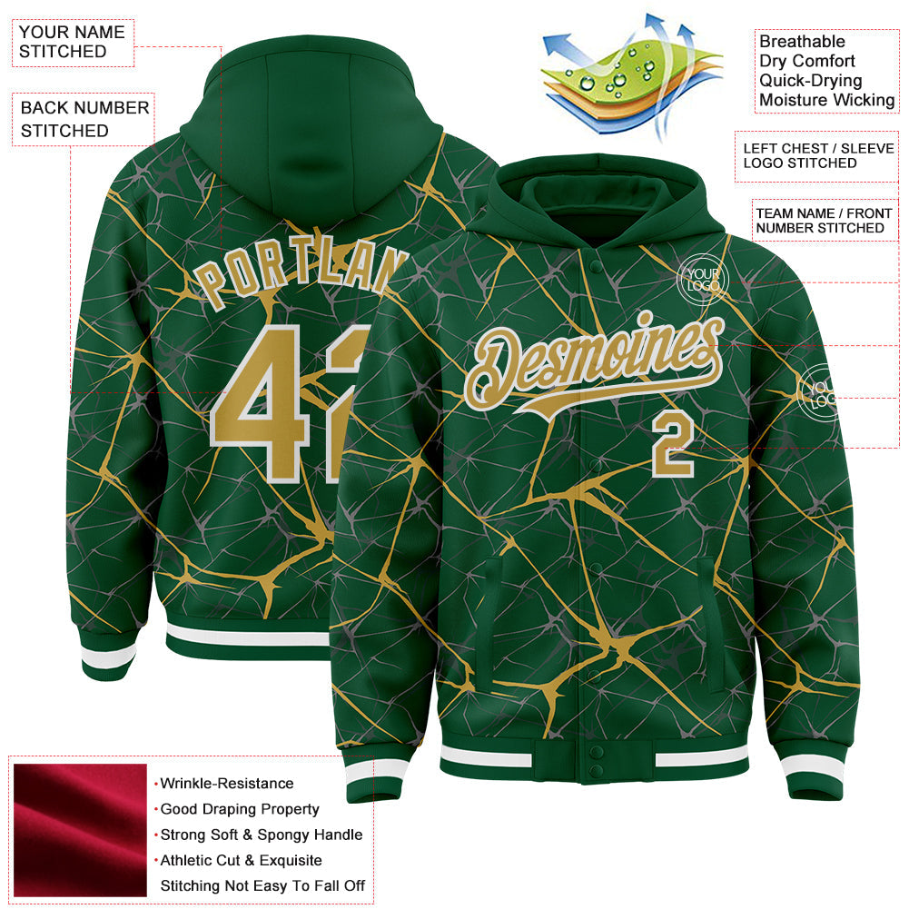 Custom Kelly Green Old Gold-White Abstract Network 3D Pattern Design Bomber Full-Snap Varsity Letterman Hoodie Jacket view 4