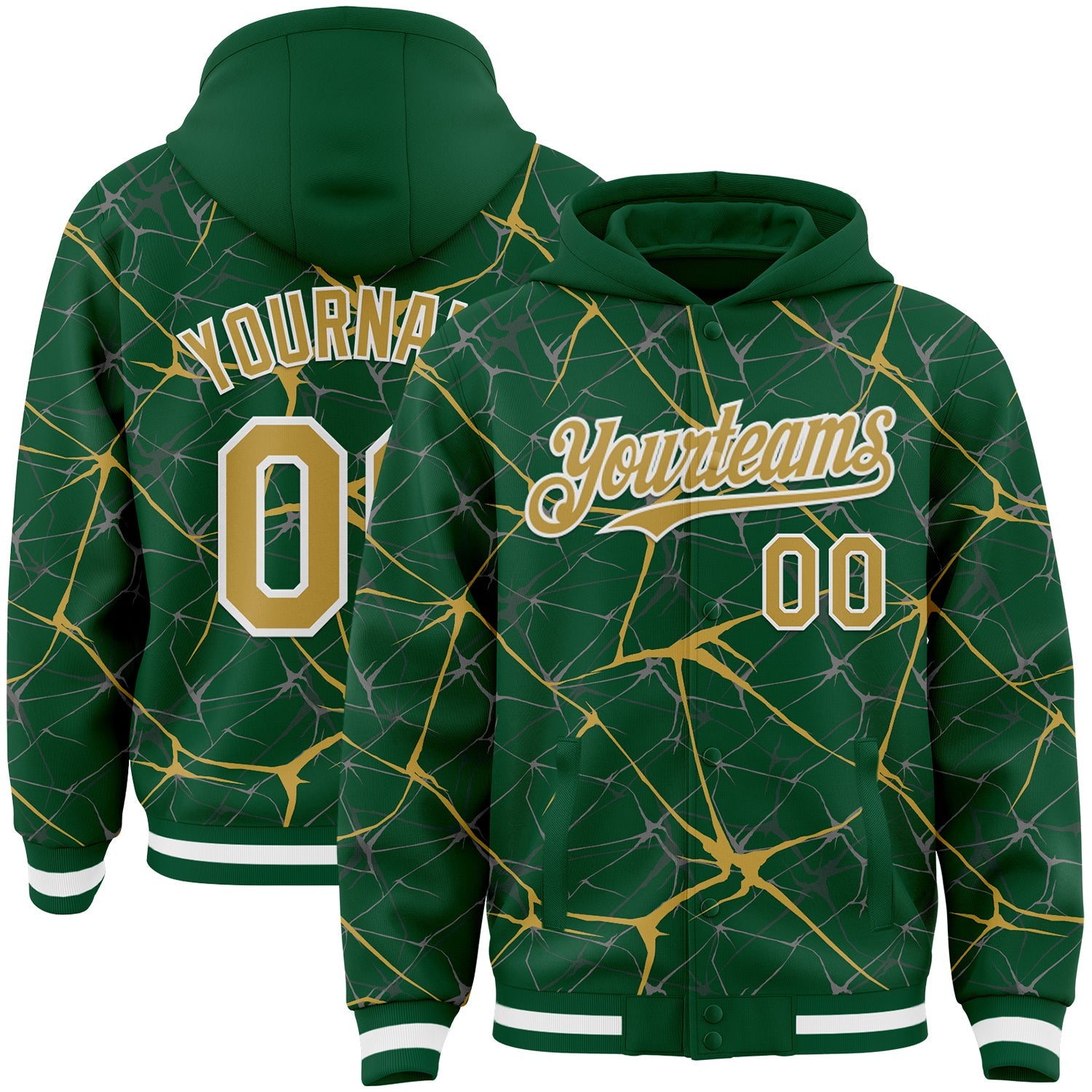 Custom Kelly Green Old Gold-White Abstract Network 3D Pattern Design Bomber Full-Snap Varsity Letterman Hoodie Jacket - Main View