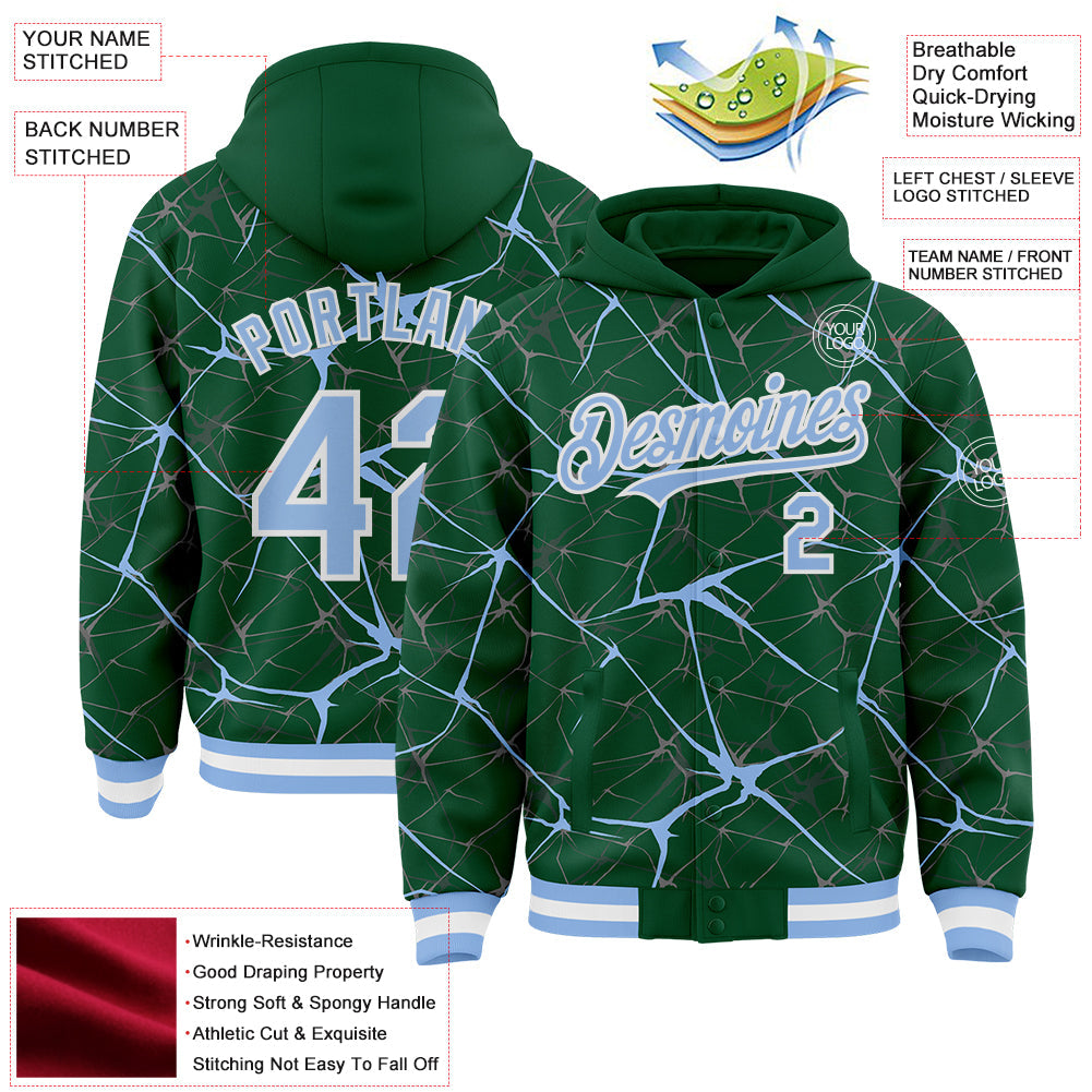 Custom Kelly Green Light Blue-White Abstract Network 3D Pattern Design Bomber Full-Snap Varsity Letterman Hoodie Jacket view 4
