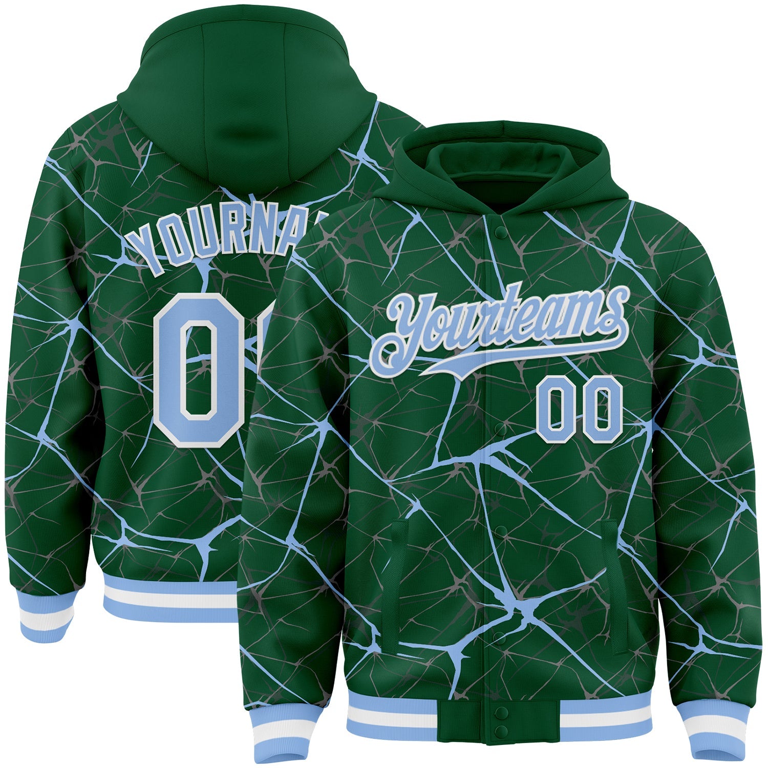 Custom Kelly Green Light Blue-White Abstract Network 3D Pattern Design Bomber Full-Snap Varsity Letterman Hoodie Jacket - Main View