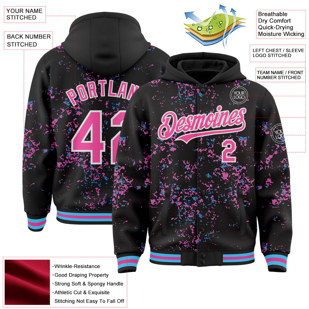 Custom Black Pink Sky Blue-White Fragment Pattern Bomber Full-Snap Varsity Letterman Hoodie Jacket view 4