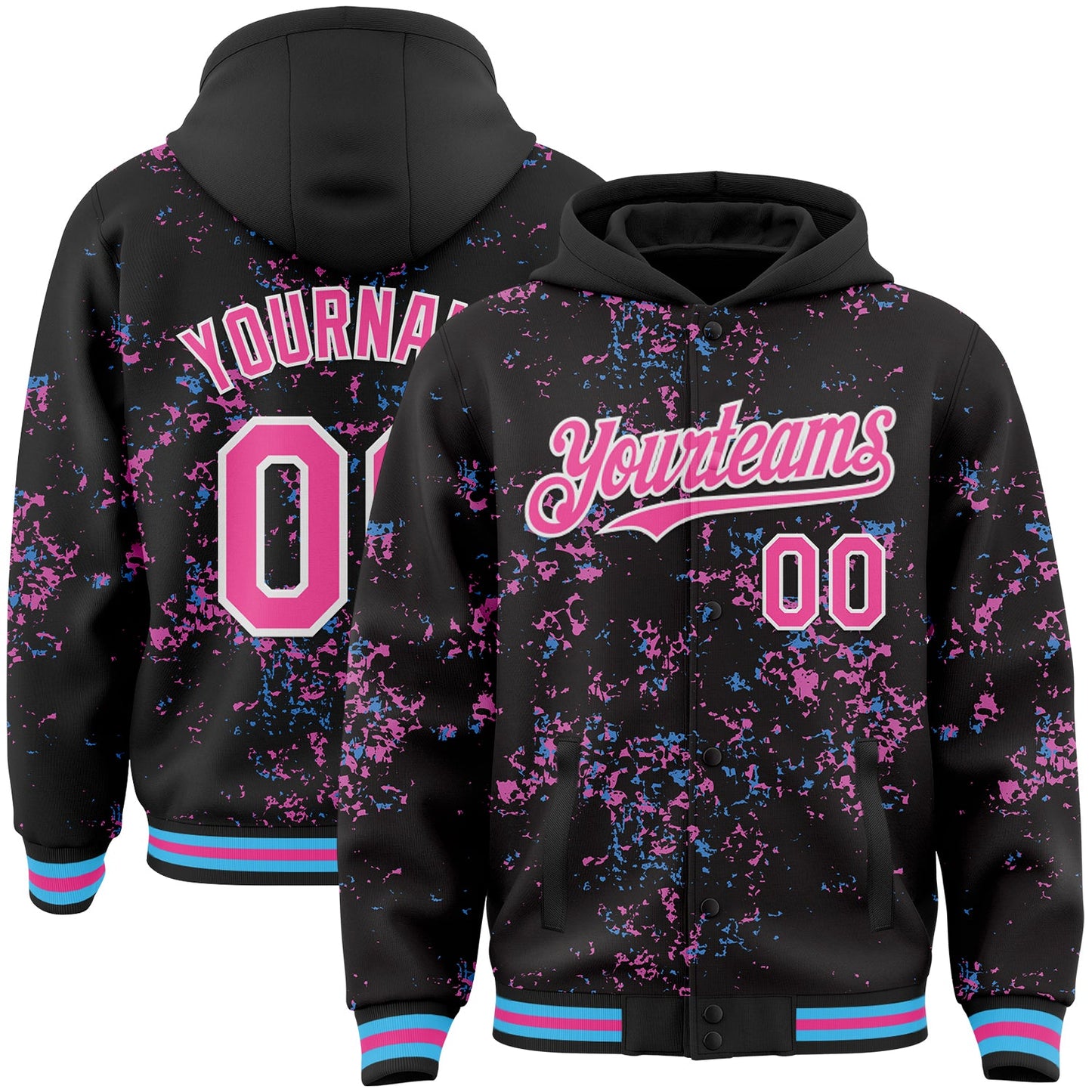 Custom Black Pink Sky Blue-White Fragment Pattern Bomber Full-Snap Varsity Letterman Hoodie Jacket - Main View