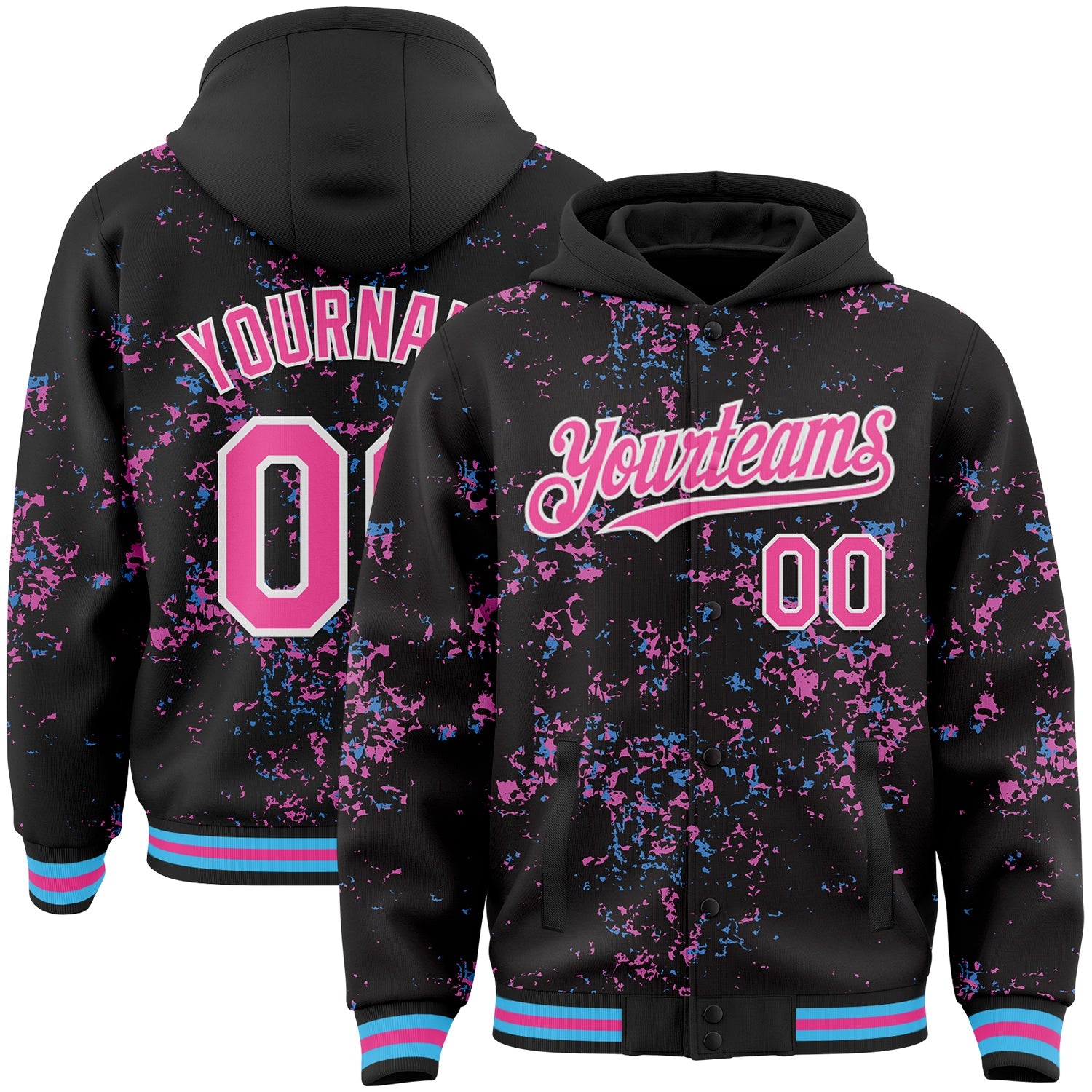 Custom Black Pink Sky Blue-White Fragment Pattern Bomber Full-Snap Varsity Letterman Hoodie Jacket - Main View