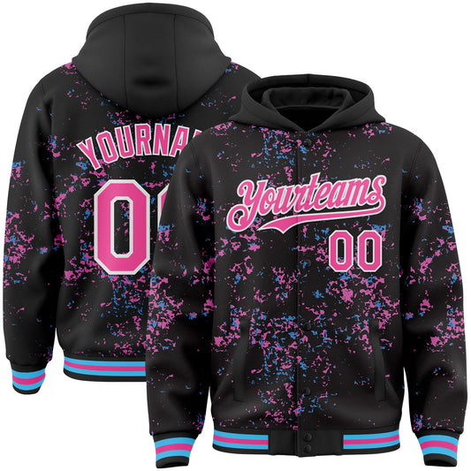 Custom Black Pink Sky Blue-White Fragment Pattern Bomber Full-Snap Varsity Letterman Hoodie Jacket - Main View