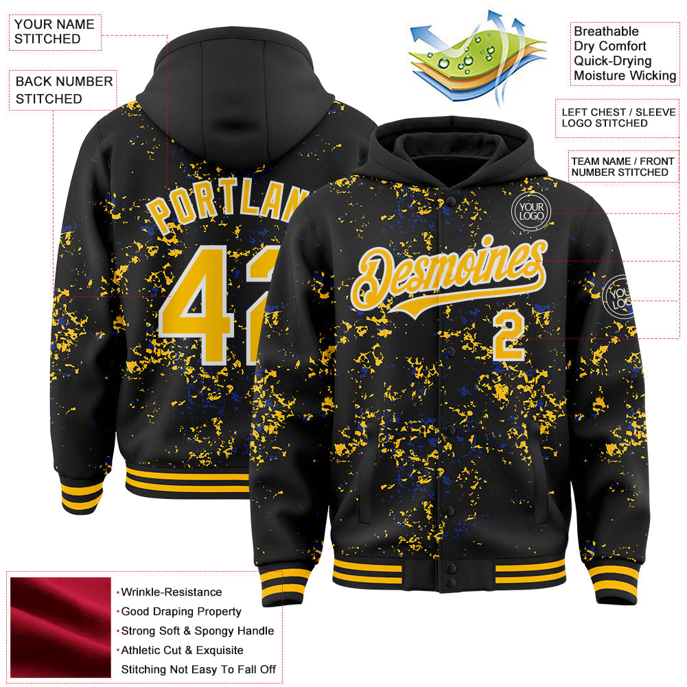 Custom Black Gold Royal-White Fragment Pattern Bomber Full-Snap Varsity Letterman Hoodie Jacket view 4