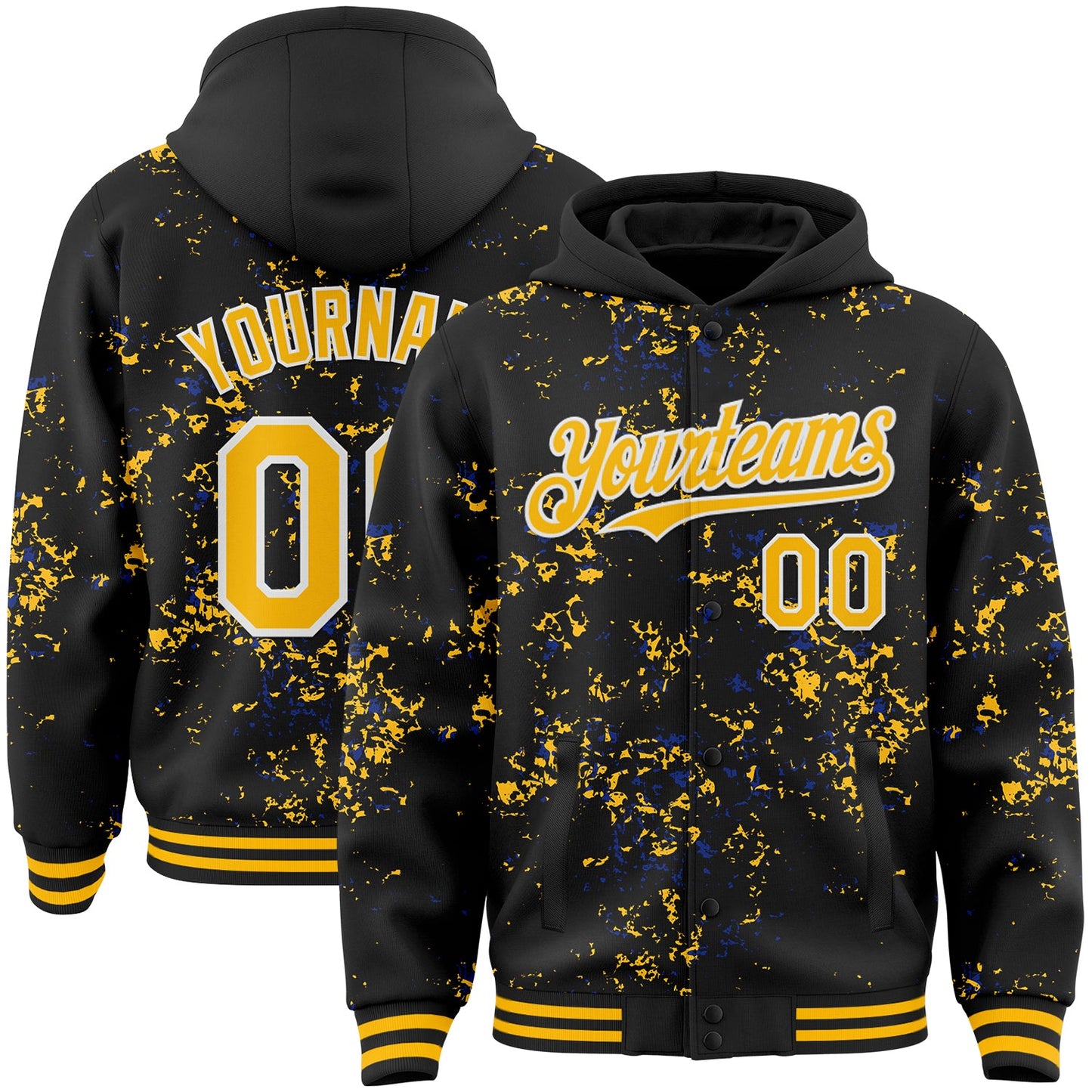 Custom Black Gold Royal-White Fragment Pattern Bomber Full-Snap Varsity Letterman Hoodie Jacket - Main View
