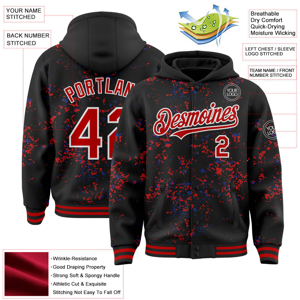 Custom Black Red Royal-White Fragment Pattern Bomber Full-Snap Varsity Letterman Hoodie Jacket view 4