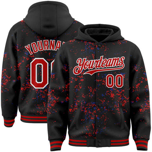 Custom Black Red Royal-White Fragment Pattern Bomber Full-Snap Varsity Letterman Hoodie Jacket - Main View
