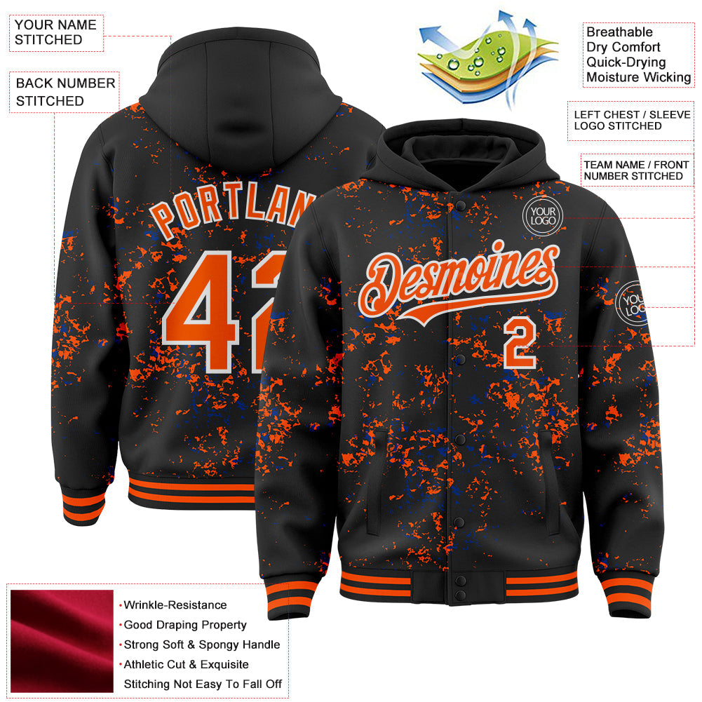 Custom Black Orange Royal-White Fragment Pattern Bomber Full-Snap Varsity Letterman Hoodie Jacket view 4