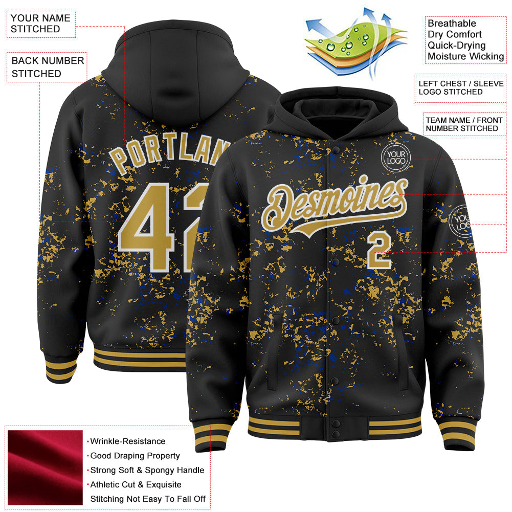 Custom Black Old Gold Royal-White Fragment Pattern Bomber Full-Snap Varsity Letterman Hoodie Jacket view 4