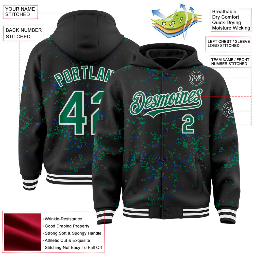 Custom Black Kelly Green Royal-White Fragment Pattern Bomber Full-Snap Varsity Letterman Hoodie Jacket view 4