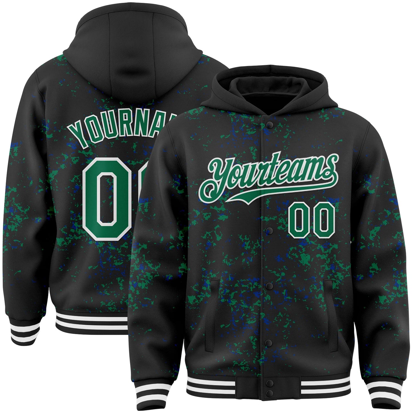 Custom Black Kelly Green Royal-White Fragment Pattern Bomber Full-Snap Varsity Letterman Hoodie Jacket - Main View
