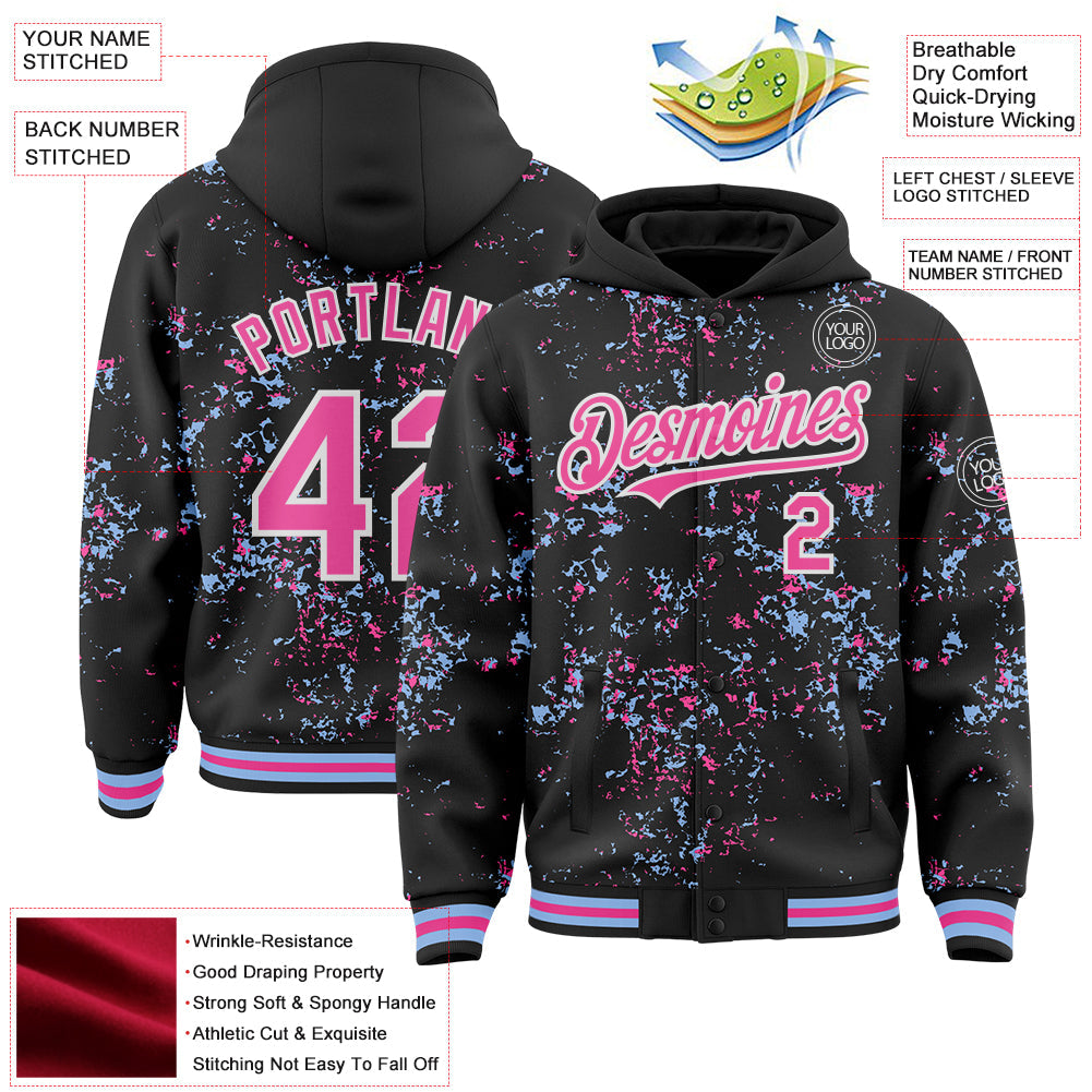 Custom Black Pink Light Blue-White Fragment Pattern Bomber Full-Snap Varsity Letterman Hoodie Jacket view 4