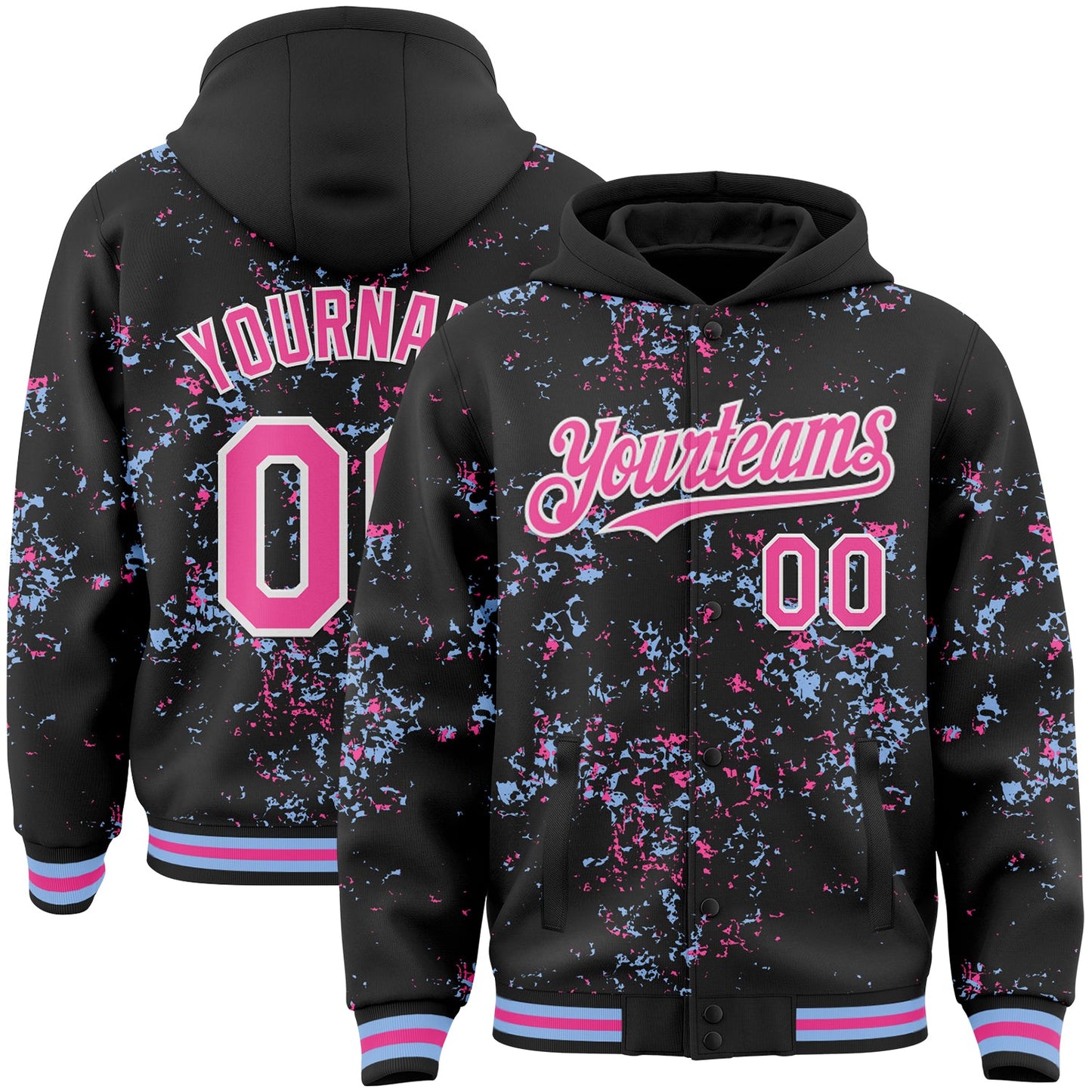 Custom Black Pink Light Blue-White Fragment Pattern Bomber Full-Snap Varsity Letterman Hoodie Jacket - Main View