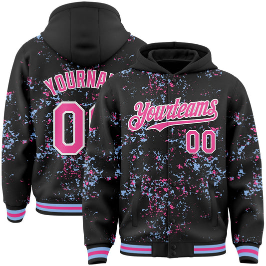Custom Black Pink Light Blue-White Fragment Pattern Bomber Full-Snap Varsity Letterman Hoodie Jacket - Main View