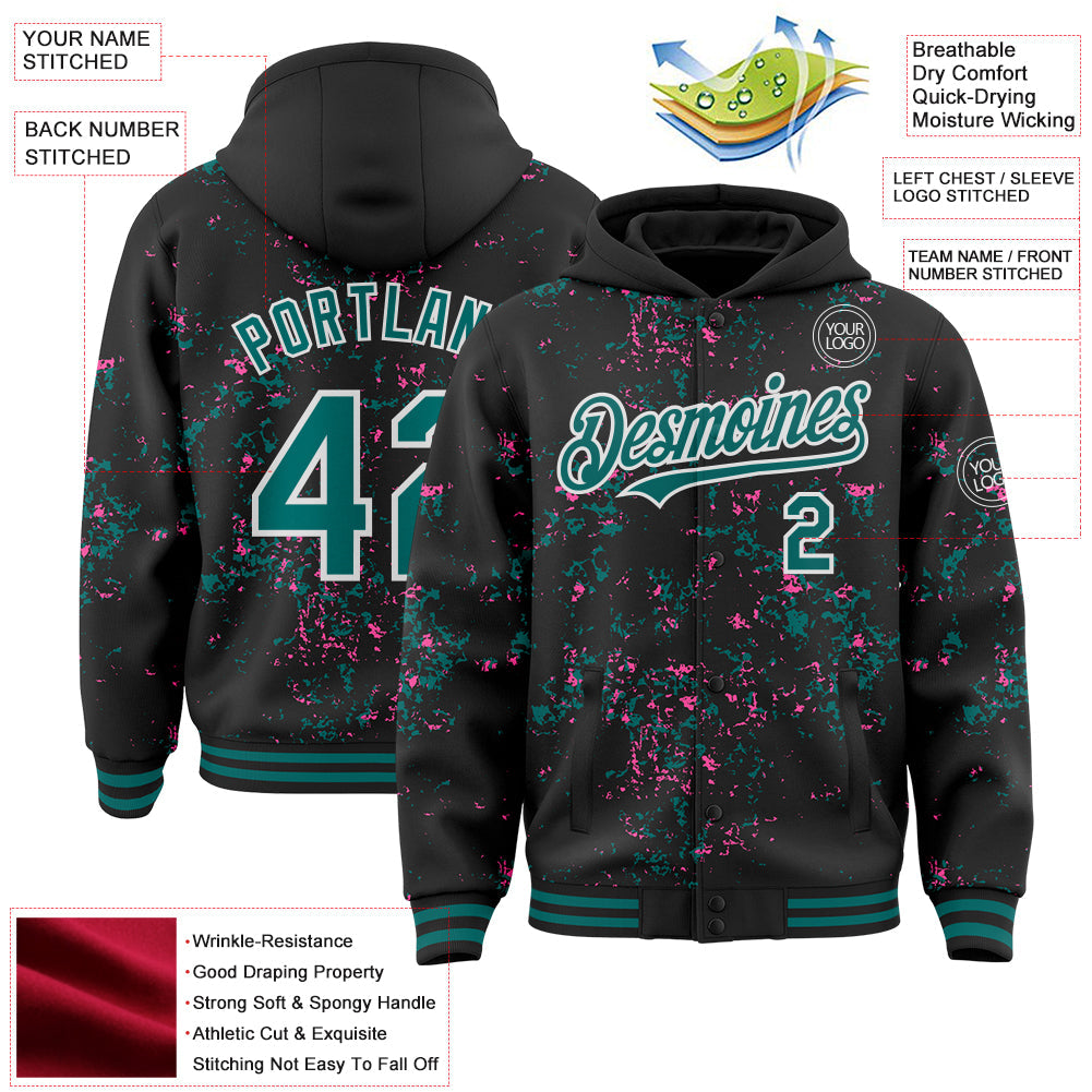 Custom Black Teal Pink-White Fragment Pattern Bomber Full-Snap Varsity Letterman Hoodie Jacket view 4