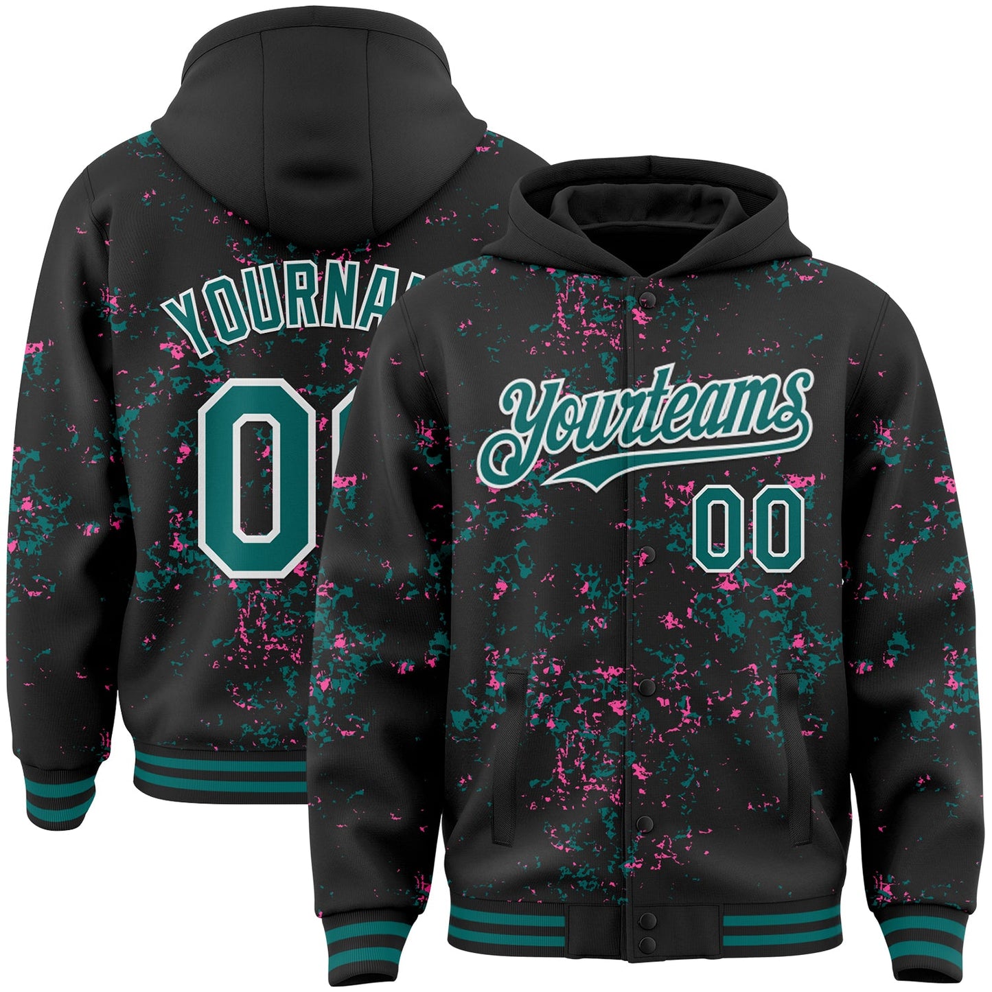 Custom Black Teal Pink-White Fragment Pattern Bomber Full-Snap Varsity Letterman Hoodie Jacket - Main View