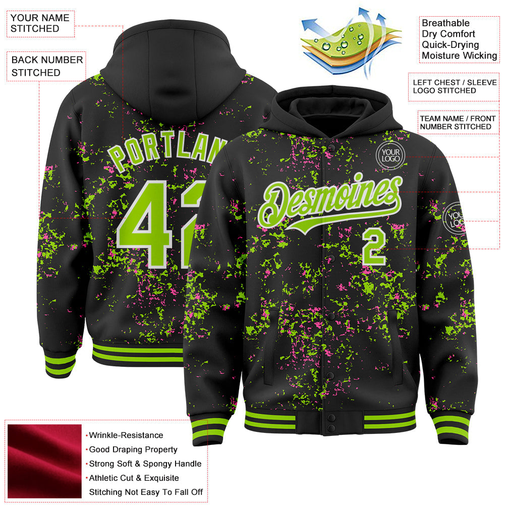 Custom Black Neon Green Pink-White Fragment Pattern Bomber Full-Snap Varsity Letterman Hoodie Jacket view 4