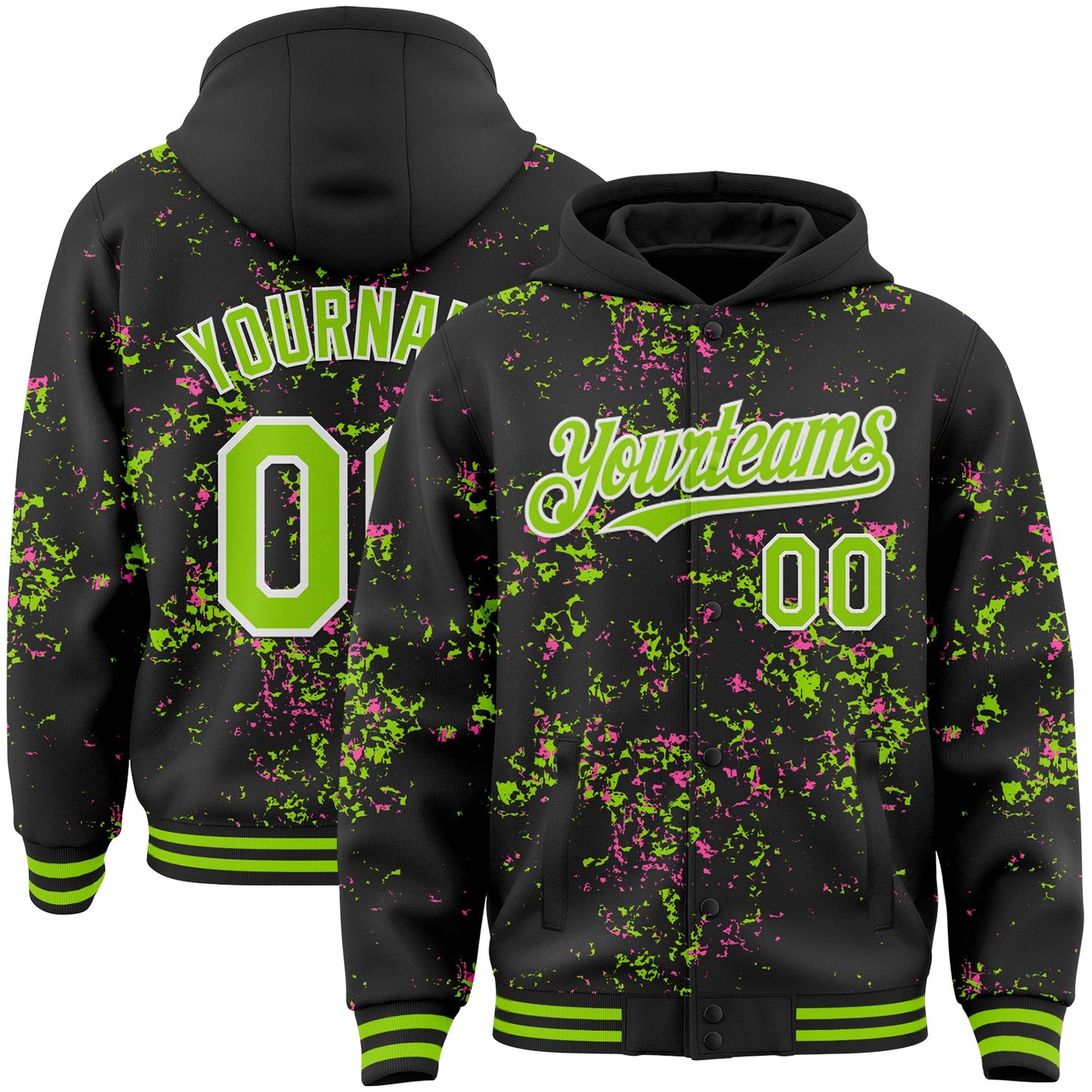 Custom Black Neon Green Pink-White Fragment Pattern Bomber Full-Snap Varsity Letterman Hoodie Jacket - Main View