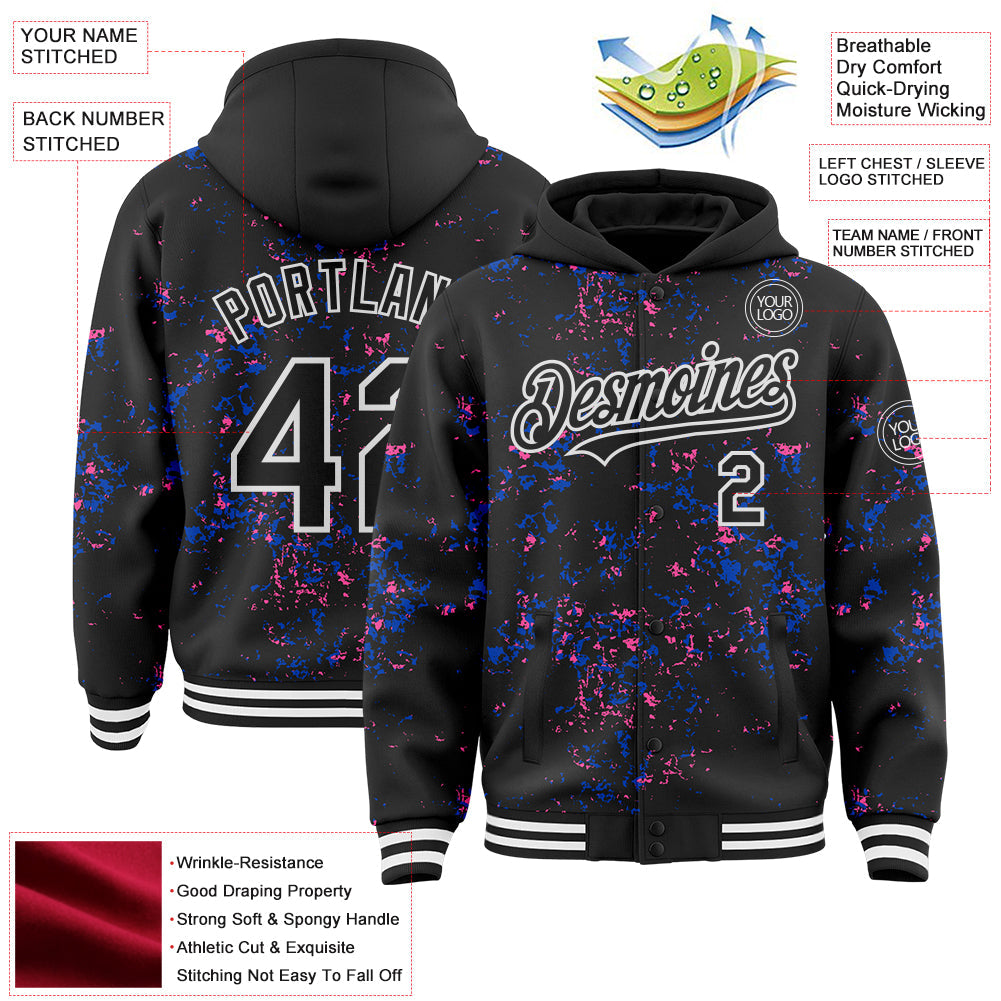 Custom Black Thunder Blue Pink-White Fragment Pattern Bomber Full-Snap Varsity Letterman Hoodie Jacket view 4