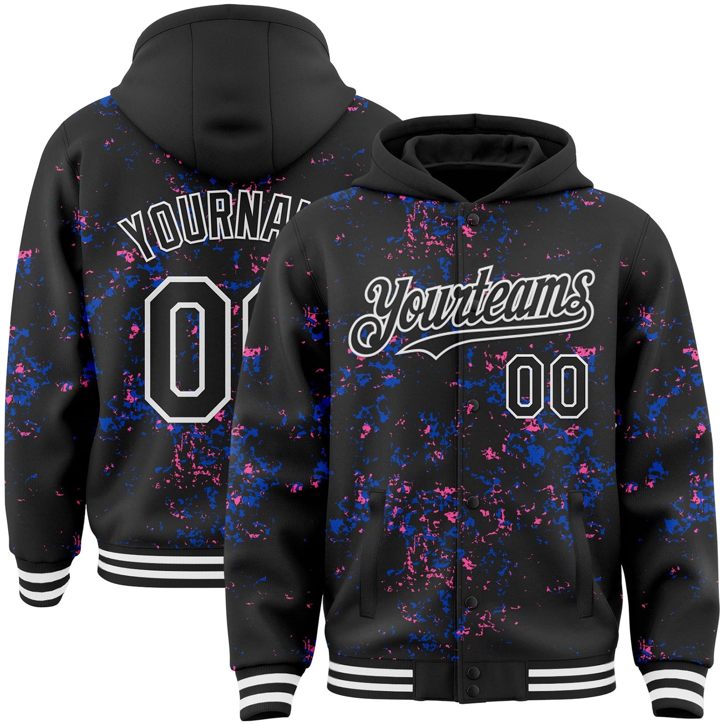 Custom Black Thunder Blue Pink-White Fragment Pattern Bomber Full-Snap Varsity Letterman Hoodie Jacket - Main View