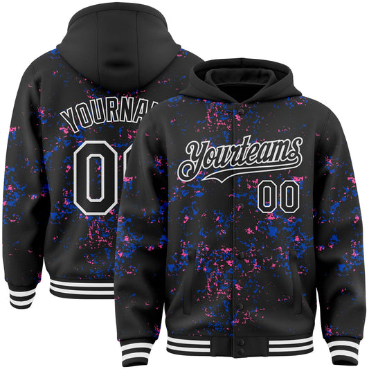 Custom Black Thunder Blue Pink-White Fragment Pattern Bomber Full-Snap Varsity Letterman Hoodie Jacket - Main View