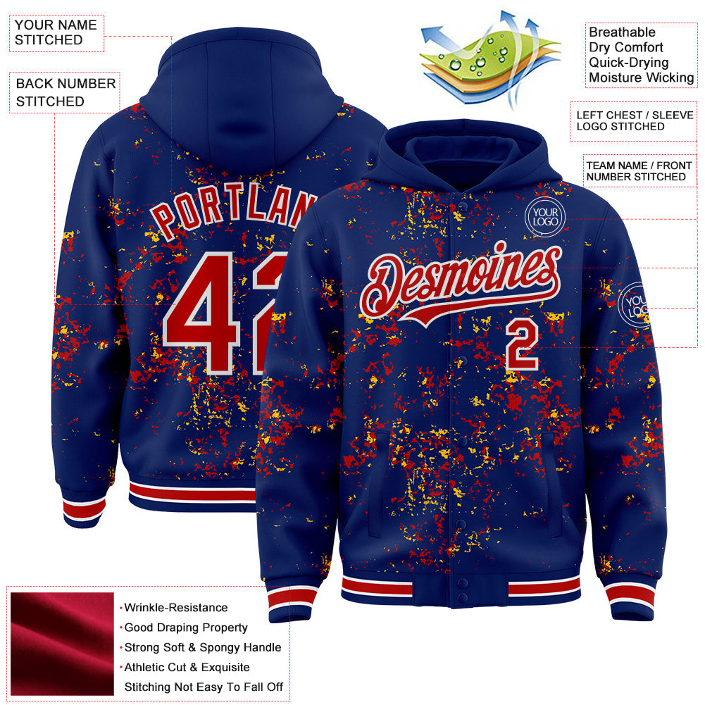 Custom Royal Red Gold-White Fragment Pattern Bomber Full-Snap Varsity Letterman Hoodie Jacket view 4