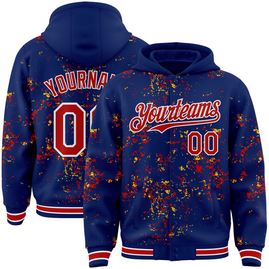 Custom Royal Red Gold-White Fragment Pattern Bomber Full-Snap Varsity Letterman Hoodie Jacket - Main View