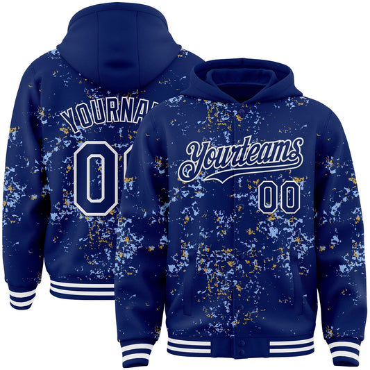 Custom Royal Light Blue Old Gold-White Fragment Pattern Bomber Full-Snap Varsity Letterman Hoodie Jacket - Main View
