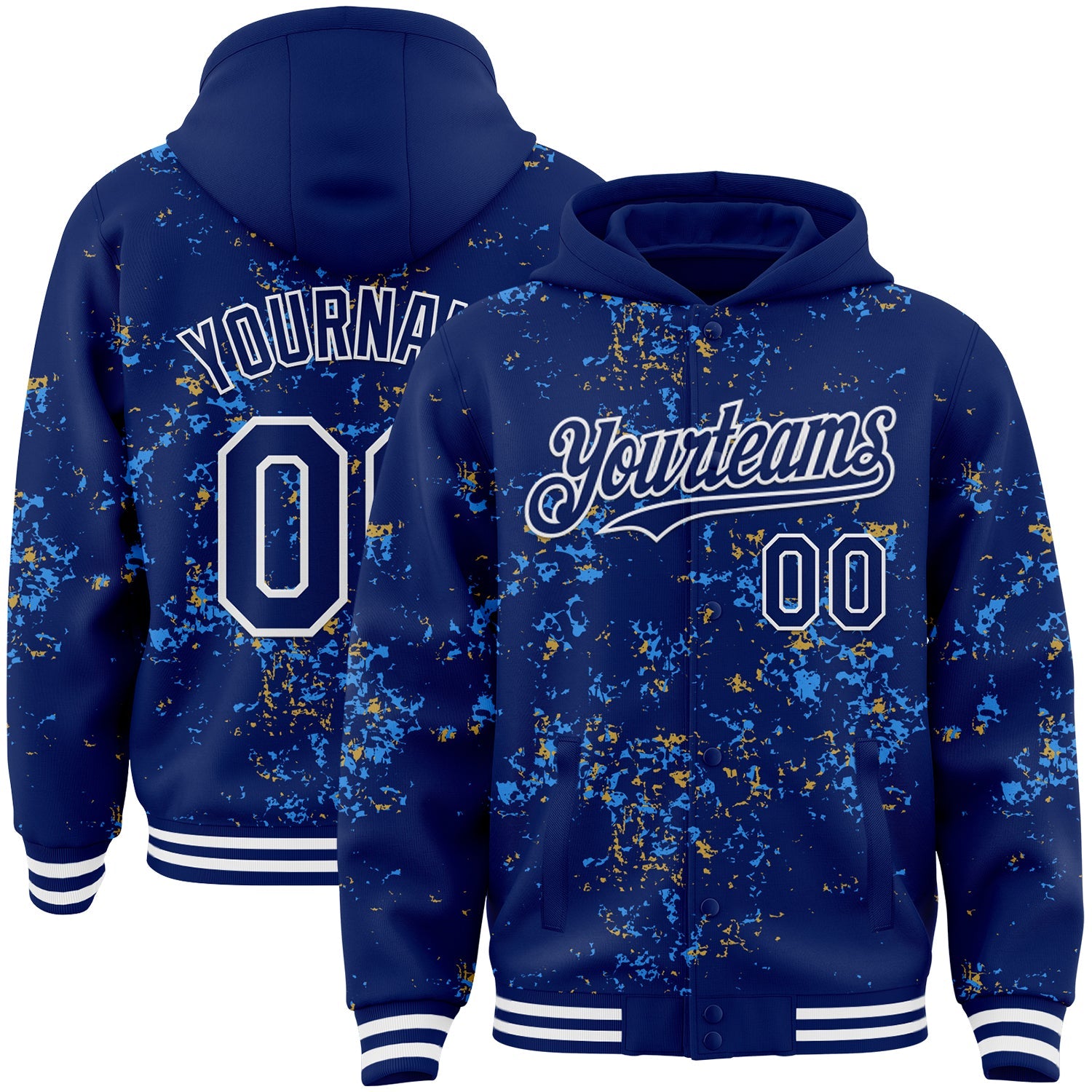 Custom Royal Powder Blue Old Gold-White Fragment Pattern Bomber Full-Snap Varsity Letterman Hoodie Jacket - Main View