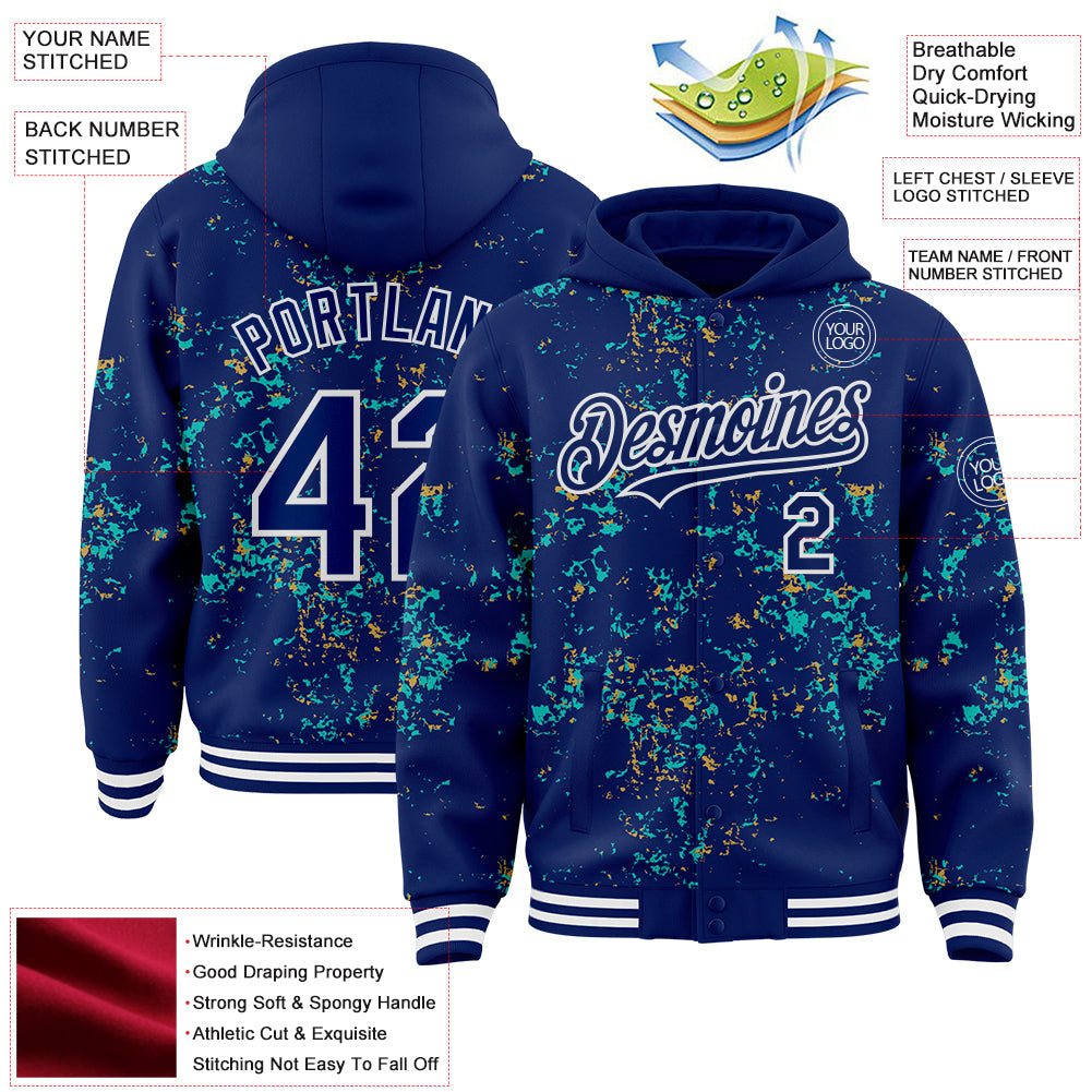Custom Royal Aqua Old Gold-White Fragment Pattern Bomber Full-Snap Varsity Letterman Hoodie Jacket view 4