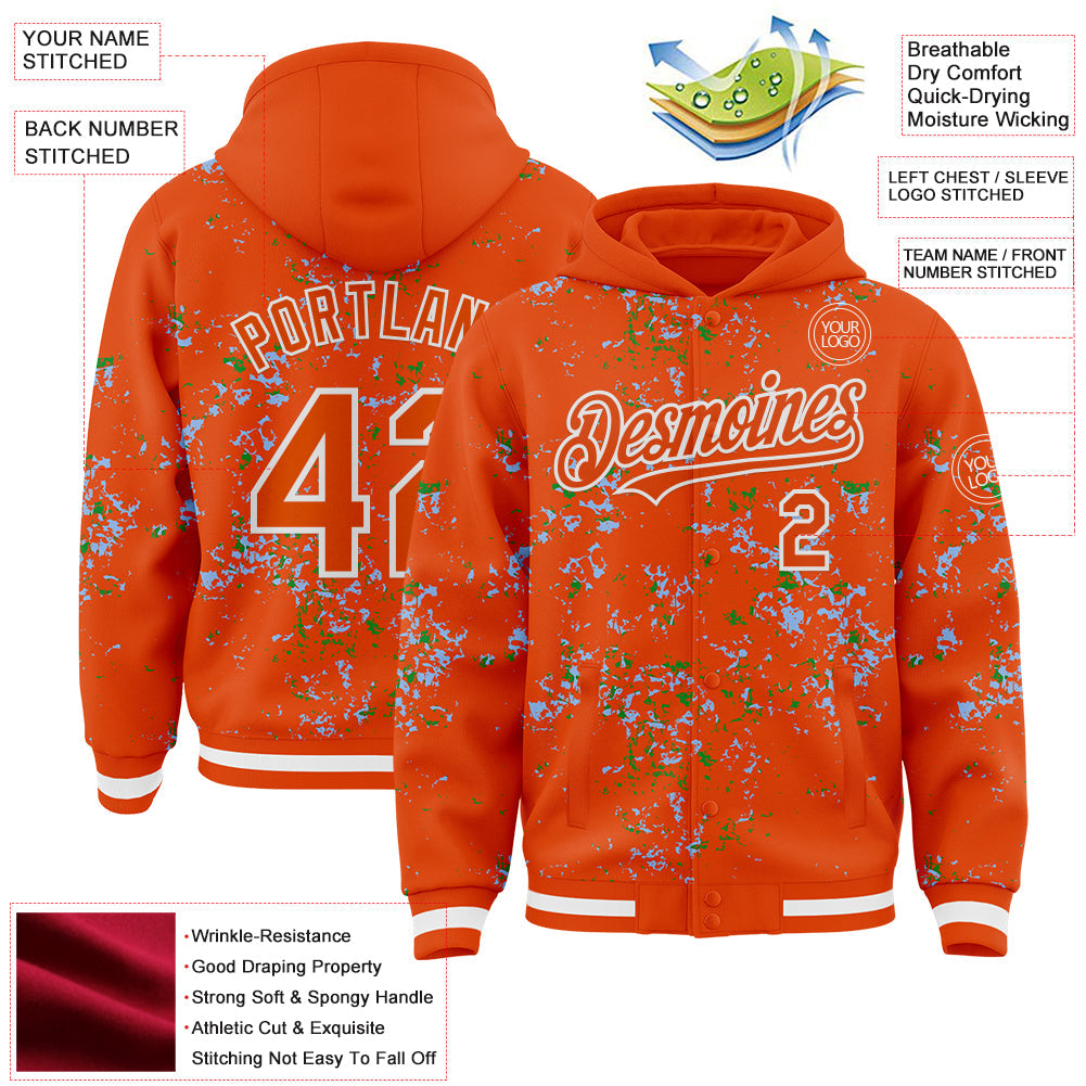 Custom Orange Light Blue Grass Green-White Fragment Pattern Bomber Full-Snap Varsity Letterman Hoodie Jacket view 4