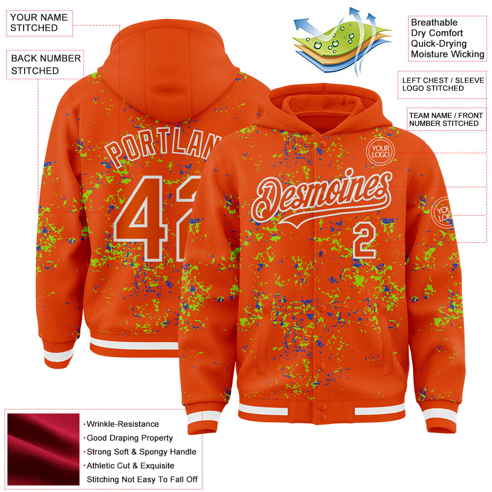 Custom Orange Neon Green Thunder Blue-White Fragment Pattern Bomber Full-Snap Varsity Letterman Hoodie Jacket view 4