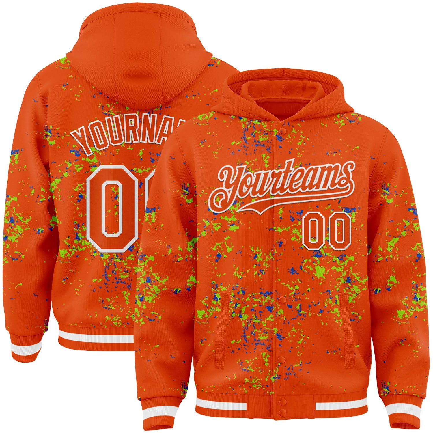 Custom Orange Neon Green Thunder Blue-White Fragment Pattern Bomber Full-Snap Varsity Letterman Hoodie Jacket - Main View