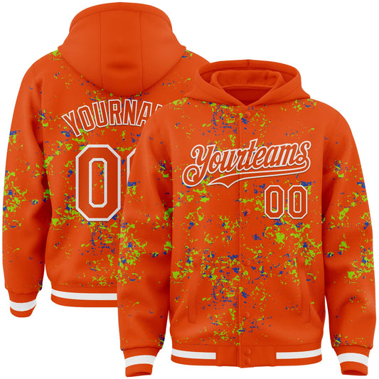 Custom Orange Neon Green Thunder Blue-White Fragment Pattern Bomber Full-Snap Varsity Letterman Hoodie Jacket - Main View
