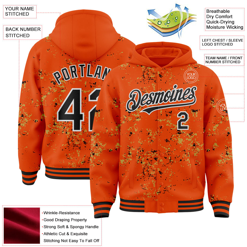 Custom Orange Black Old Gold-White Fragment Pattern Bomber Full-Snap Varsity Letterman Hoodie Jacket view 4