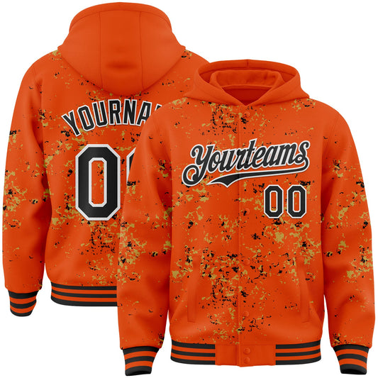 Custom Orange Black Old Gold-White Fragment Pattern Bomber Full-Snap Varsity Letterman Hoodie Jacket - Main View
