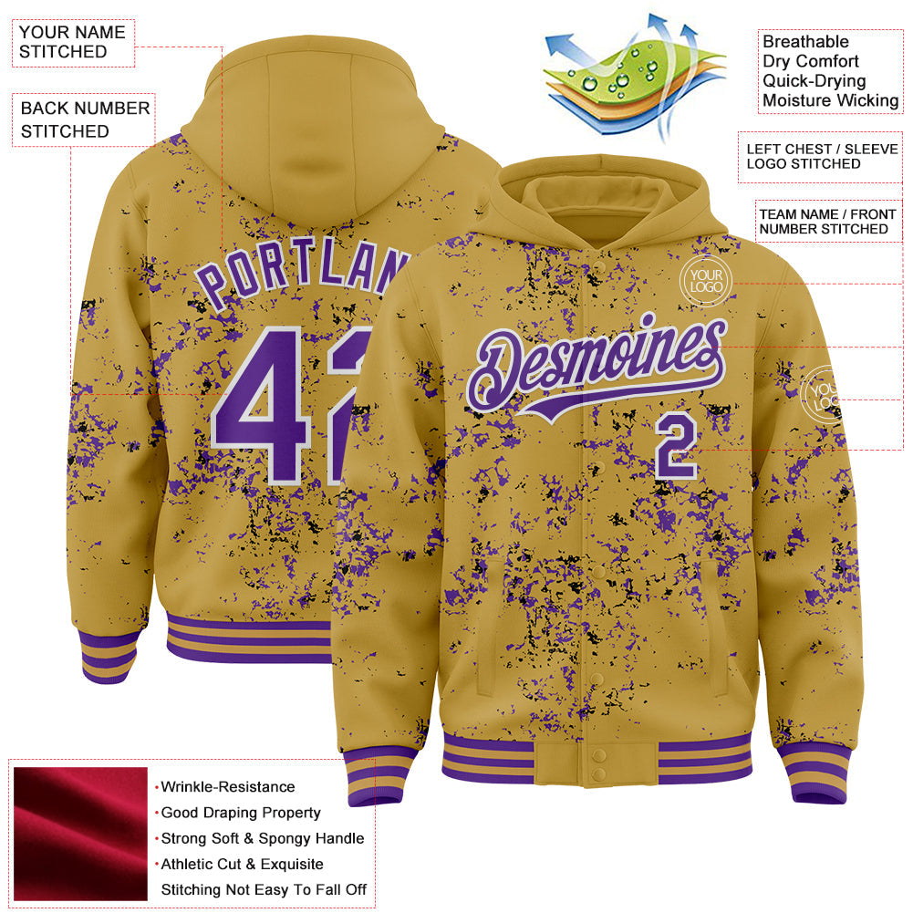 Custom Old Gold Purple Black-White Fragment Pattern Bomber Full-Snap Varsity Letterman Hoodie Jacket view 4