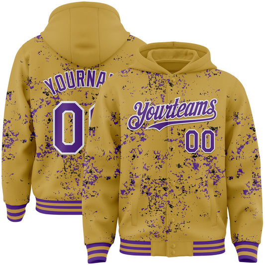 Custom Old Gold Purple Black-White Fragment Pattern Bomber Full-Snap Varsity Letterman Hoodie Jacket - Main View
