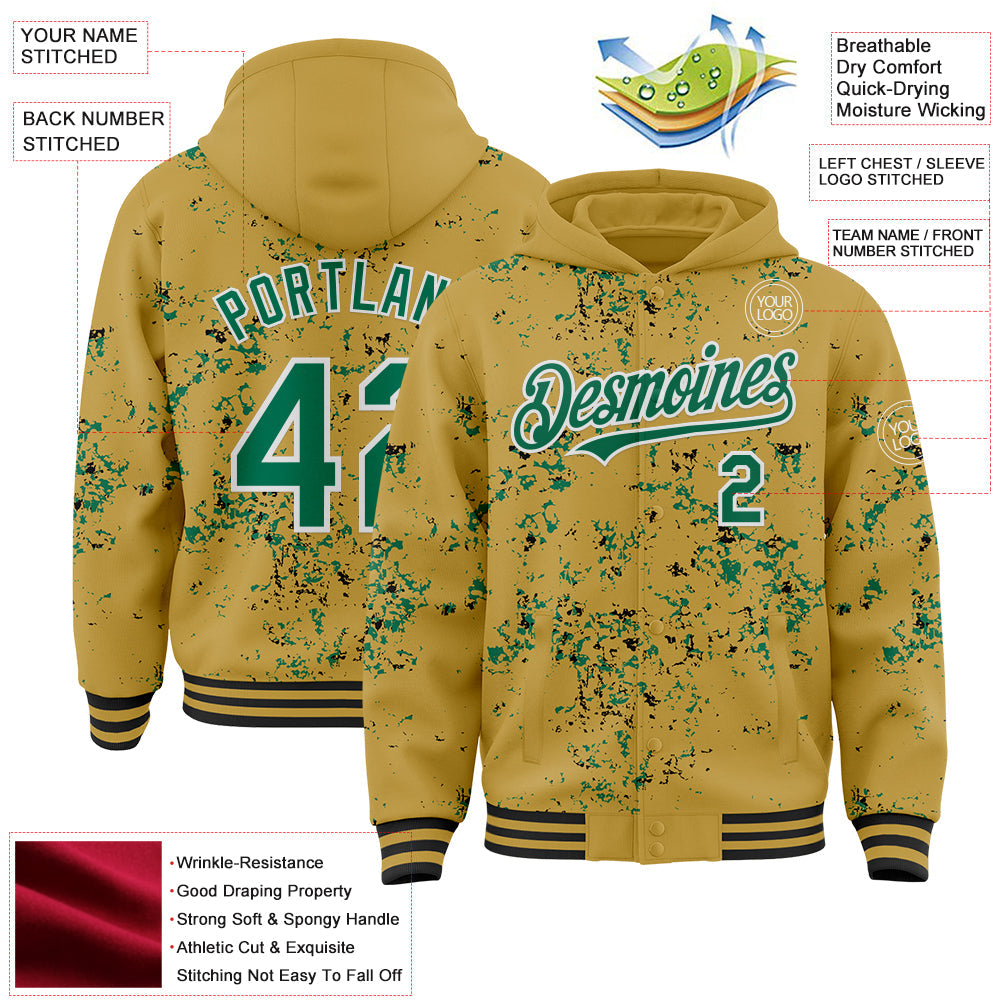 Custom Old Gold Kelly Green Black-White Fragment Pattern Bomber Full-Snap Varsity Letterman Hoodie Jacket view 4